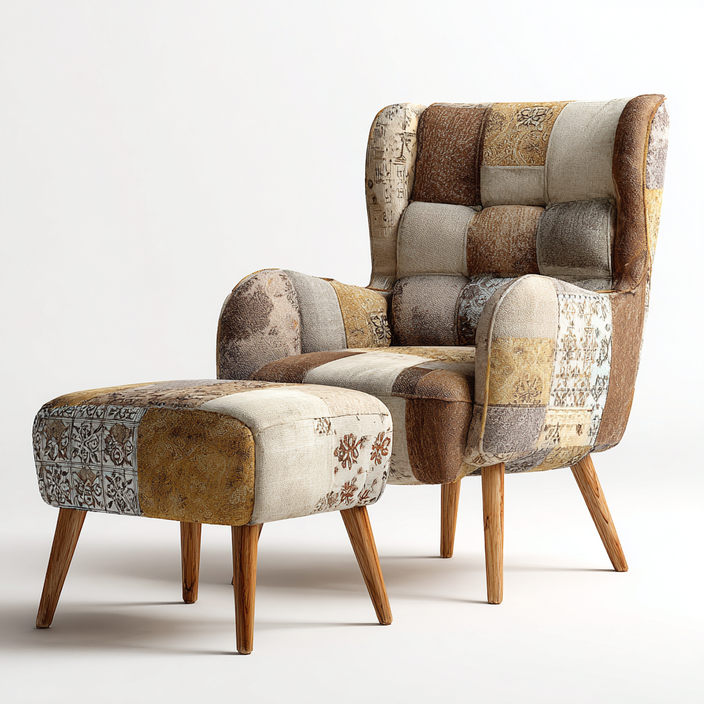 Poltrona patchwork tessuto 78x72x102 cm beige - marrone - stile vintage per soggiorno - con poggiapiedi-Nestleix