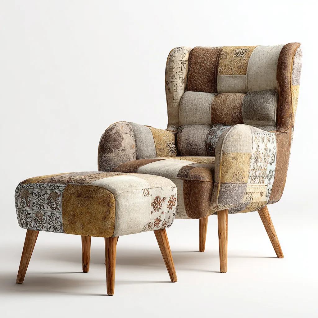 Poltrona patchwork tessuto 78x72x102 cm beige - marrone - stile vintage per soggiorno - con poggiapiedi-Nestleix