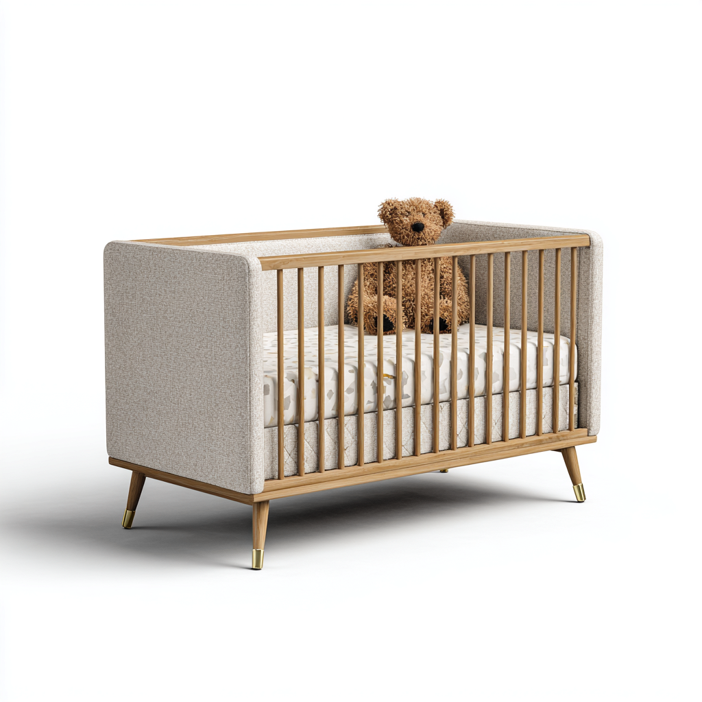 Lettino per bambini in legno e tessuto 120x60x85 cm - beige chiaro - stile mid-century adatto per camera da letto-Nestleix