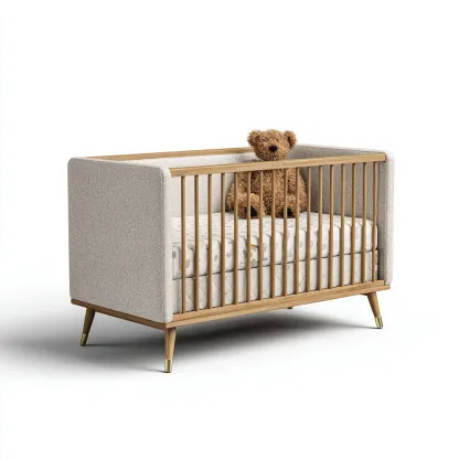 Lettino per bambini in legno e tessuto 120x60x85 cm - beige chiaro - stile mid-century adatto per camera da letto-Nestleix