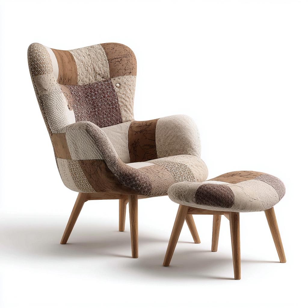 Poltrona patchwork tessuto 78x72x102 cm beige - marrone - stile vintage per soggiorno - con poggiapiedi-Nestleix