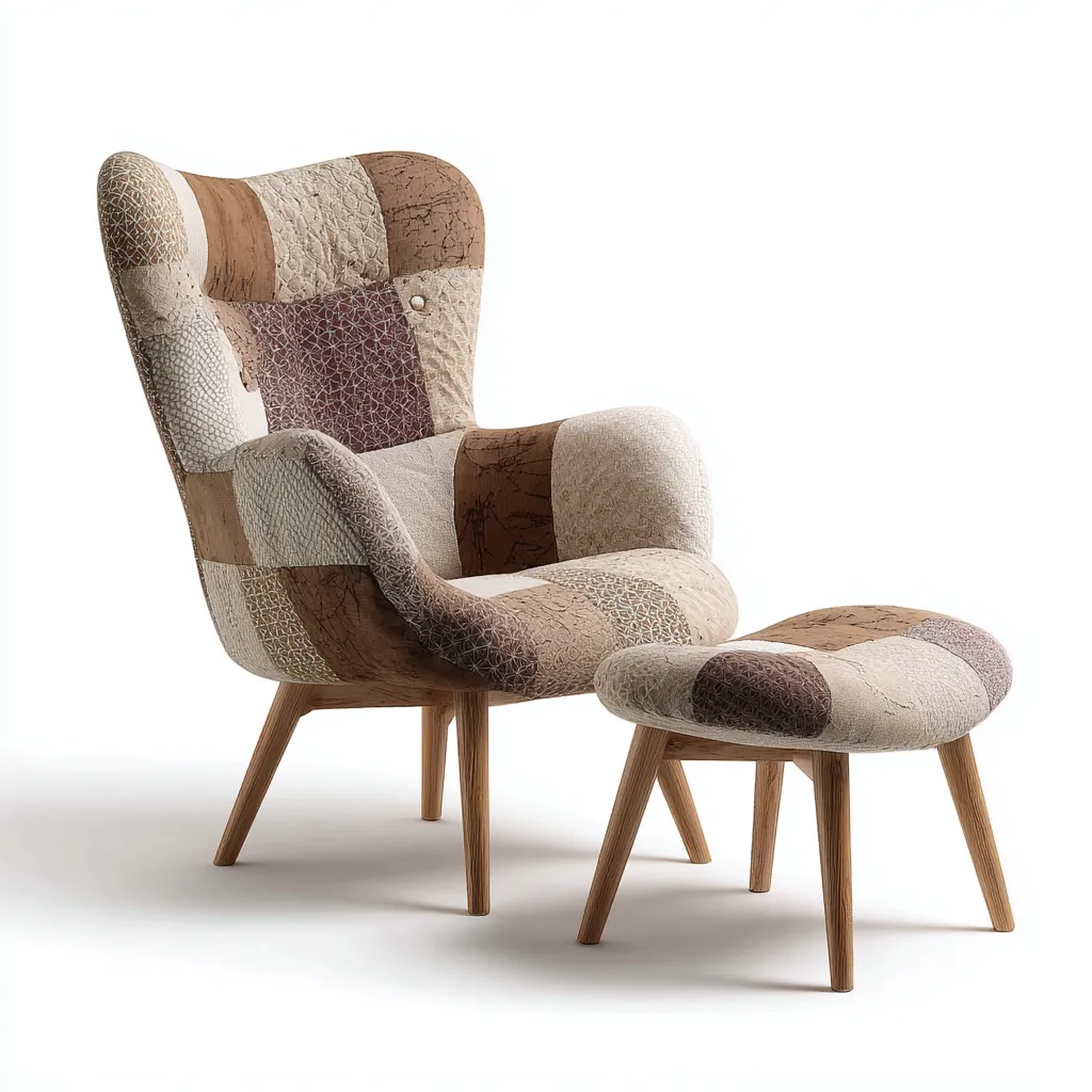 Poltrona patchwork tessuto 78x72x102 cm beige - marrone - stile vintage per soggiorno - con poggiapiedi-Nestleix