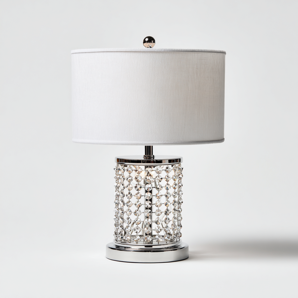 Lampada da tavolo in metallo cromato e cristallo 20x20x35 cm - cromo - bianco - adatta al soggiorno e alla camera da letto - design moderno-Nestleix