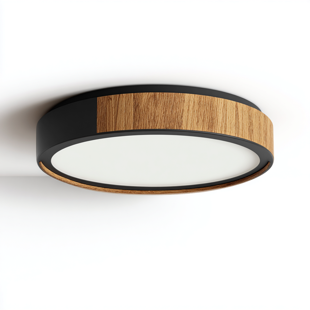 Lampada da soffitto metallo e legno 30x30x8 cm nero e legno design moderno per soggiorno-Nestleix