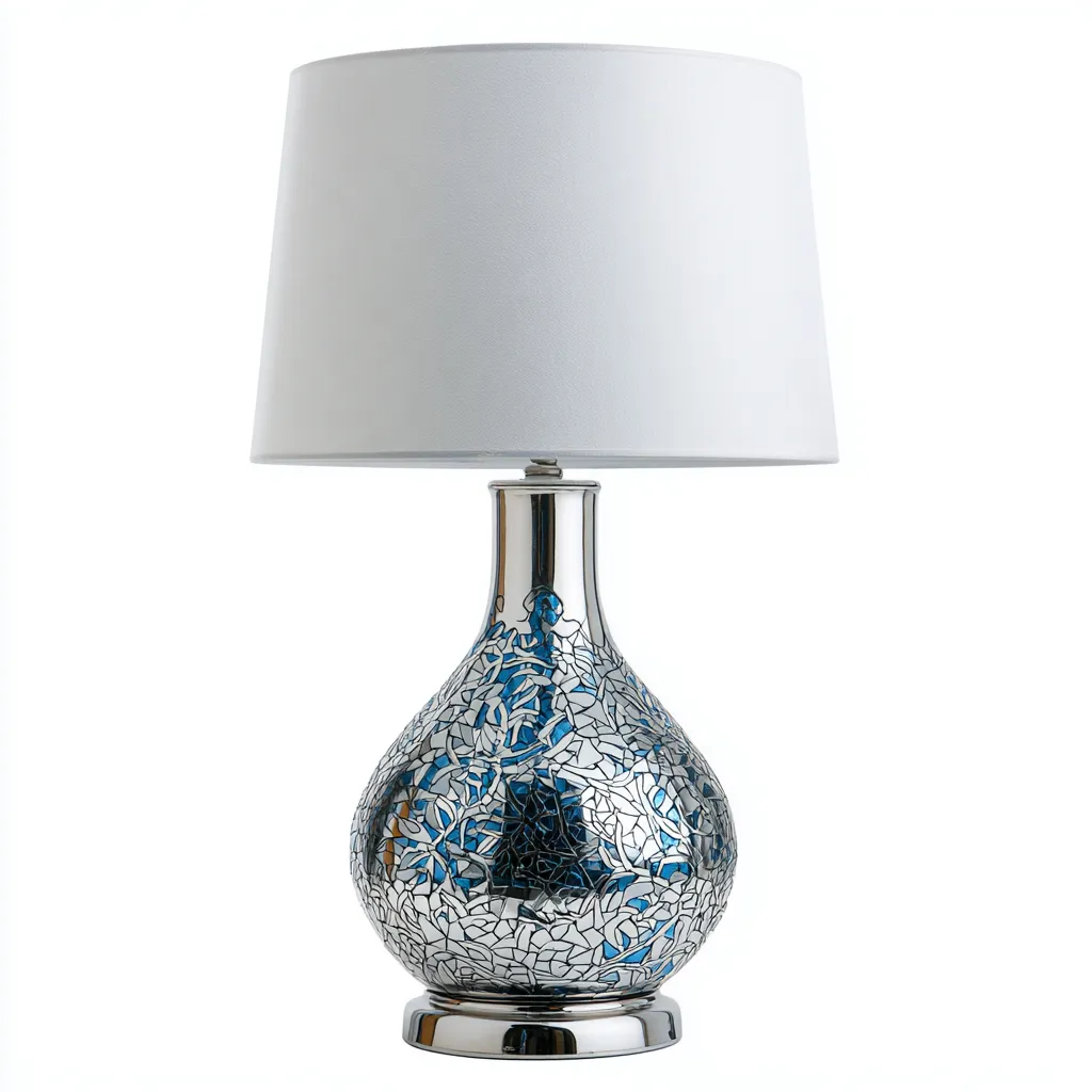 Lampada da tavolo in metallo e vetro mosaico 25x25x50 cm - argento - blu - bianco - adatta al soggiorno e alla camera da letto - design moderno-Nestleix