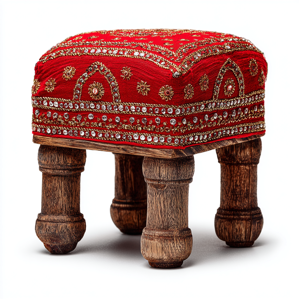 Pouf tessuto ricamato 28x28x26 cm rosso - oro - design tradizionale - per soggiorno-Nestleix