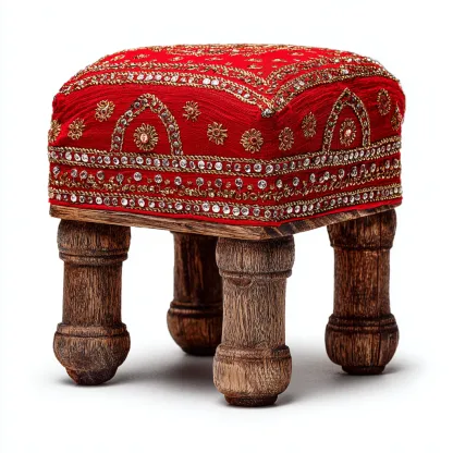 Pouf tessuto ricamato 28x28x26 cm rosso - oro - design tradizionale - per soggiorno-Nestleix