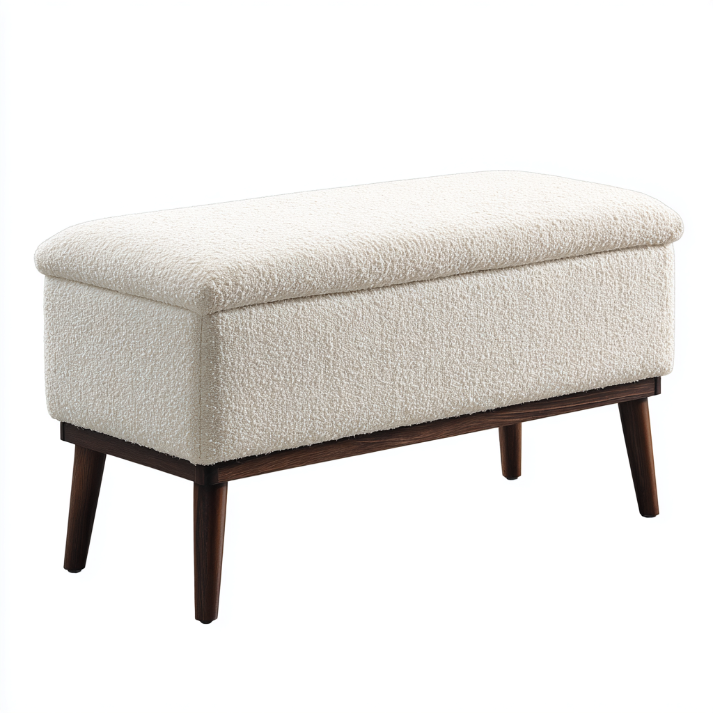 Panca per letto con contenitore in tessuto bouclé e base in legno 110x40x47 cm - avorio - design moderno - adatta alla camera da letto-Nestleix