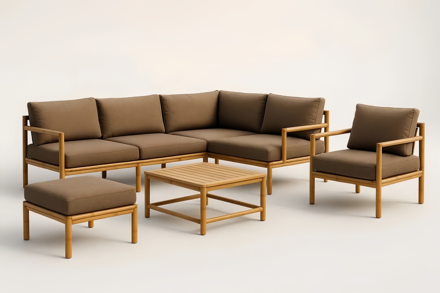 Ensemble de salon de jardin en bambou et polypropylène avec coussins marron