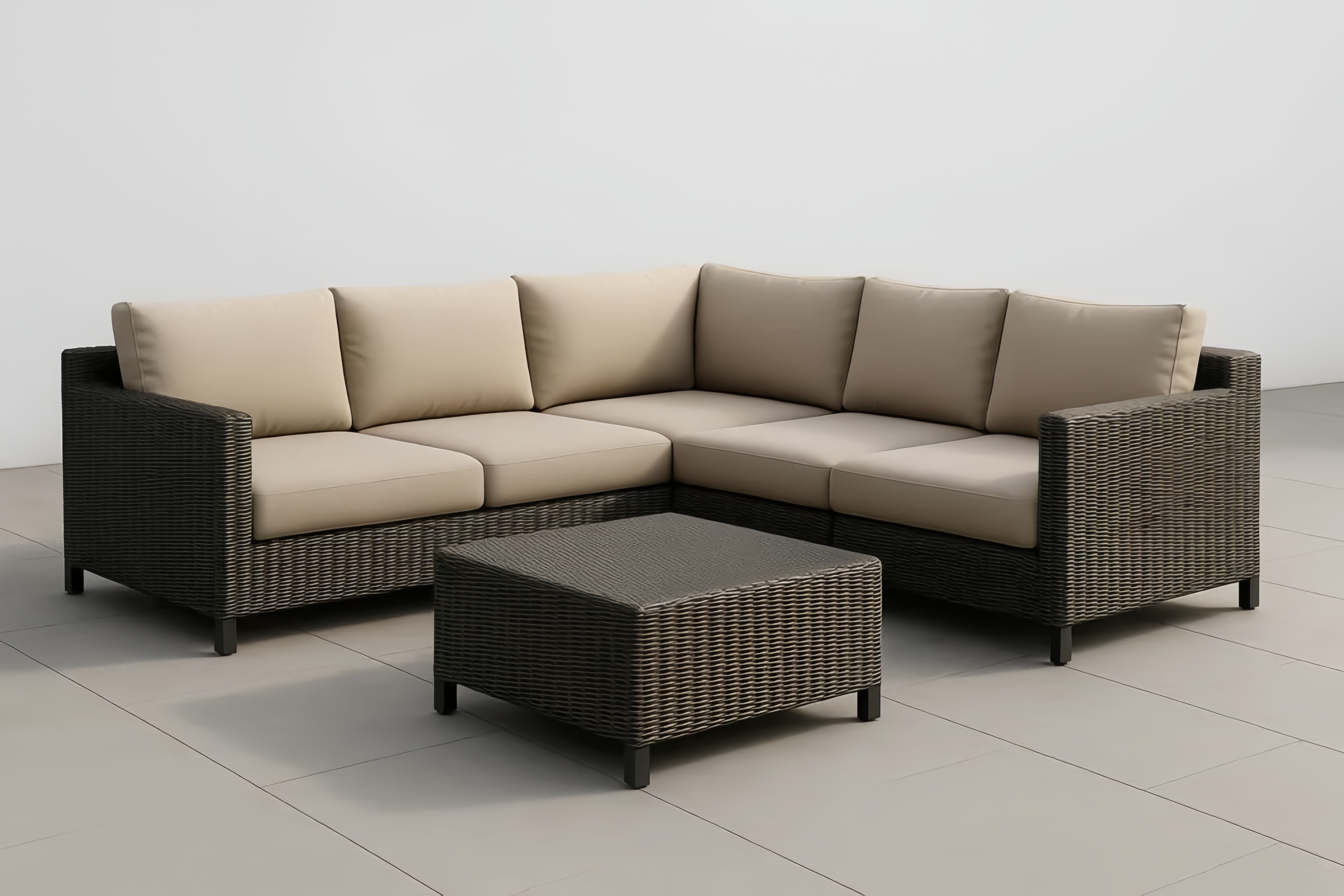 Canapé d'angle en rotin synthétique avec coussins beige