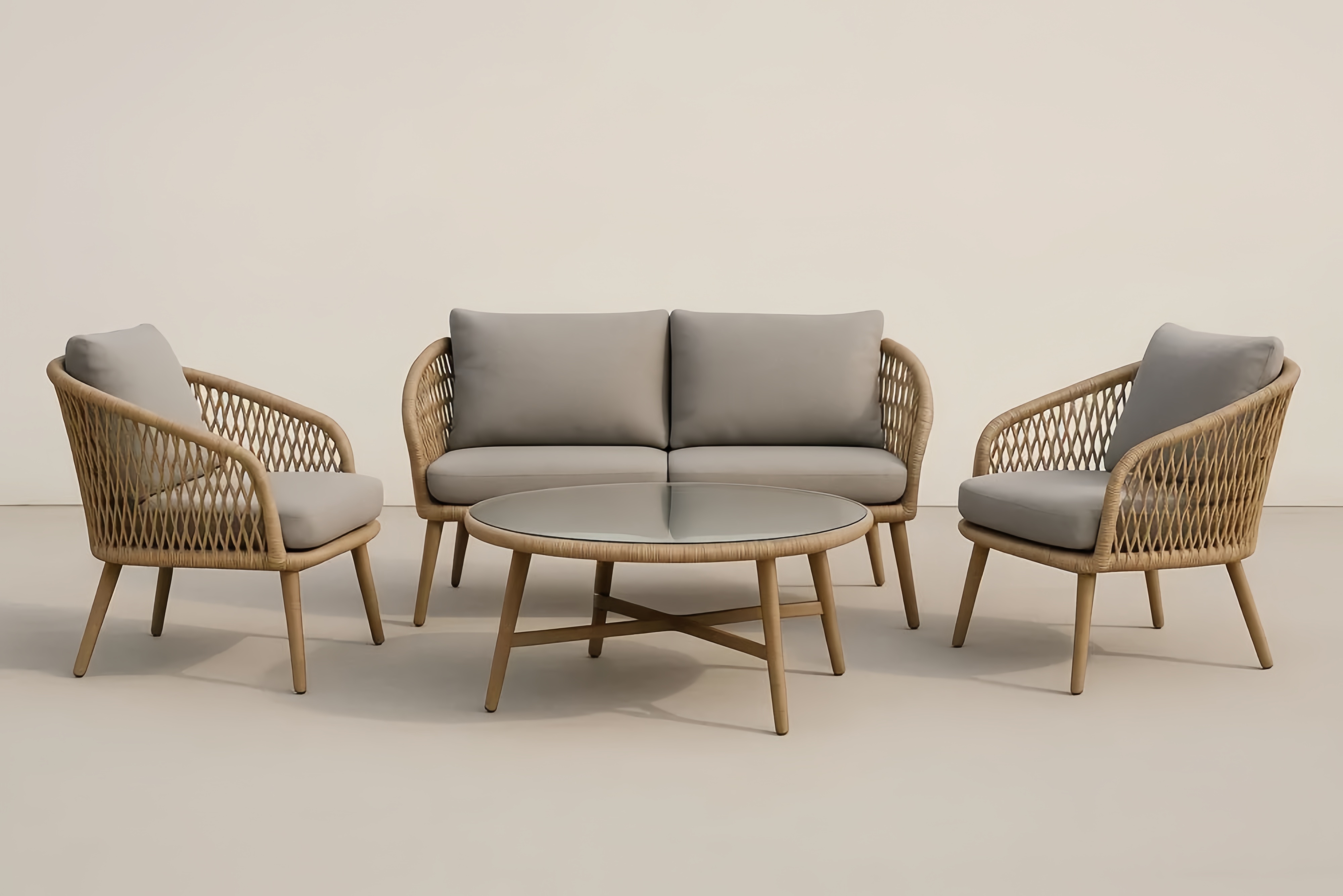 Ensemble de salon de jardin 4 pièces en aluminium et rotin avec coussins gris