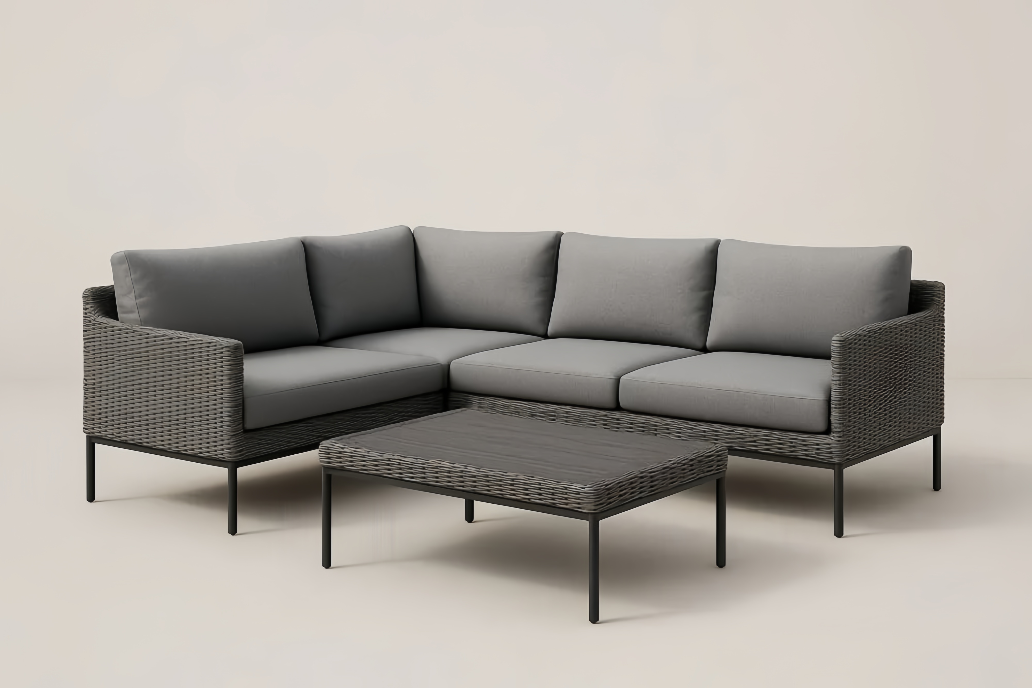 Ensemble de canapé d'angle de jardin en résine tressée avec table basse et coussins gris