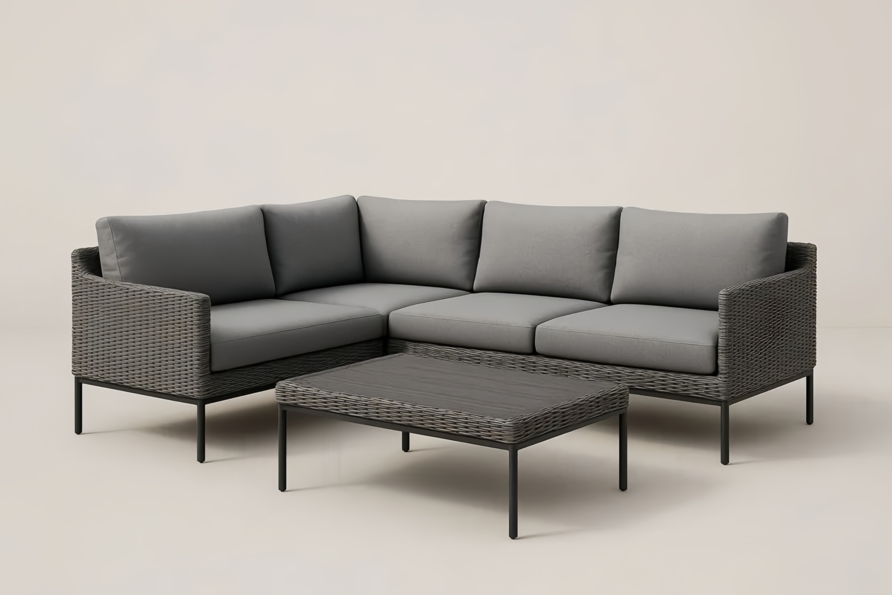 Ensemble de canapé d'angle de jardin en résine tressée avec table basse et coussins gris