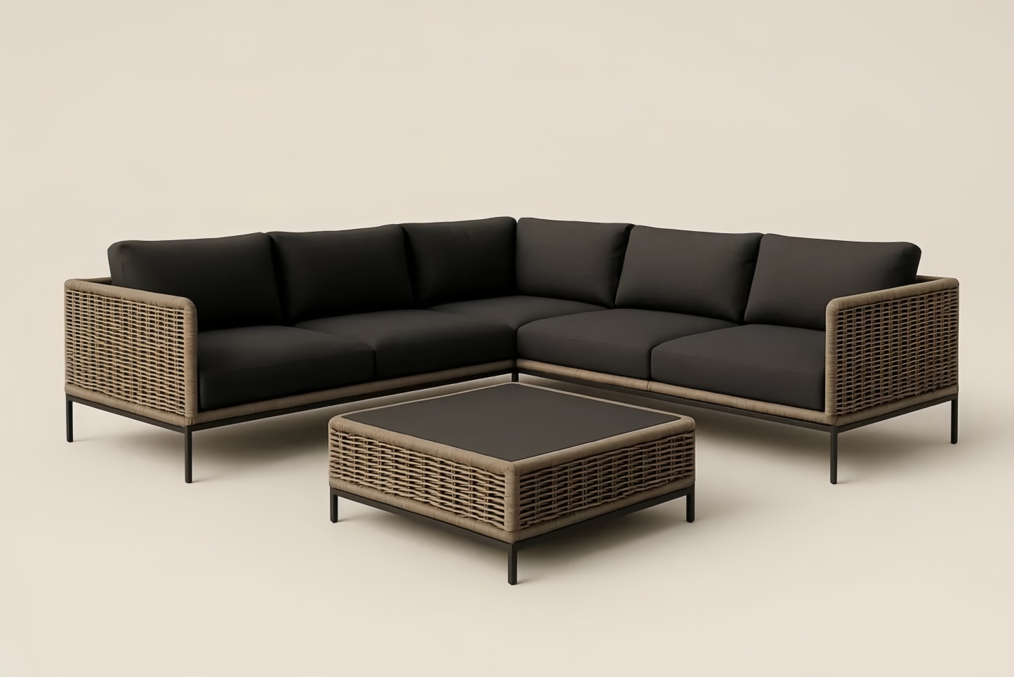 Ensemble de canapé modulable de jardin en résine tressée avec coussins en polyester brun/noir