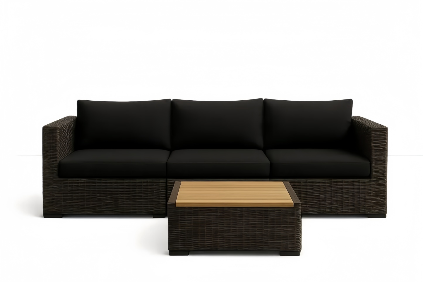 Ensemble de canapé de jardin en résine tressée noire avec table basse en teck