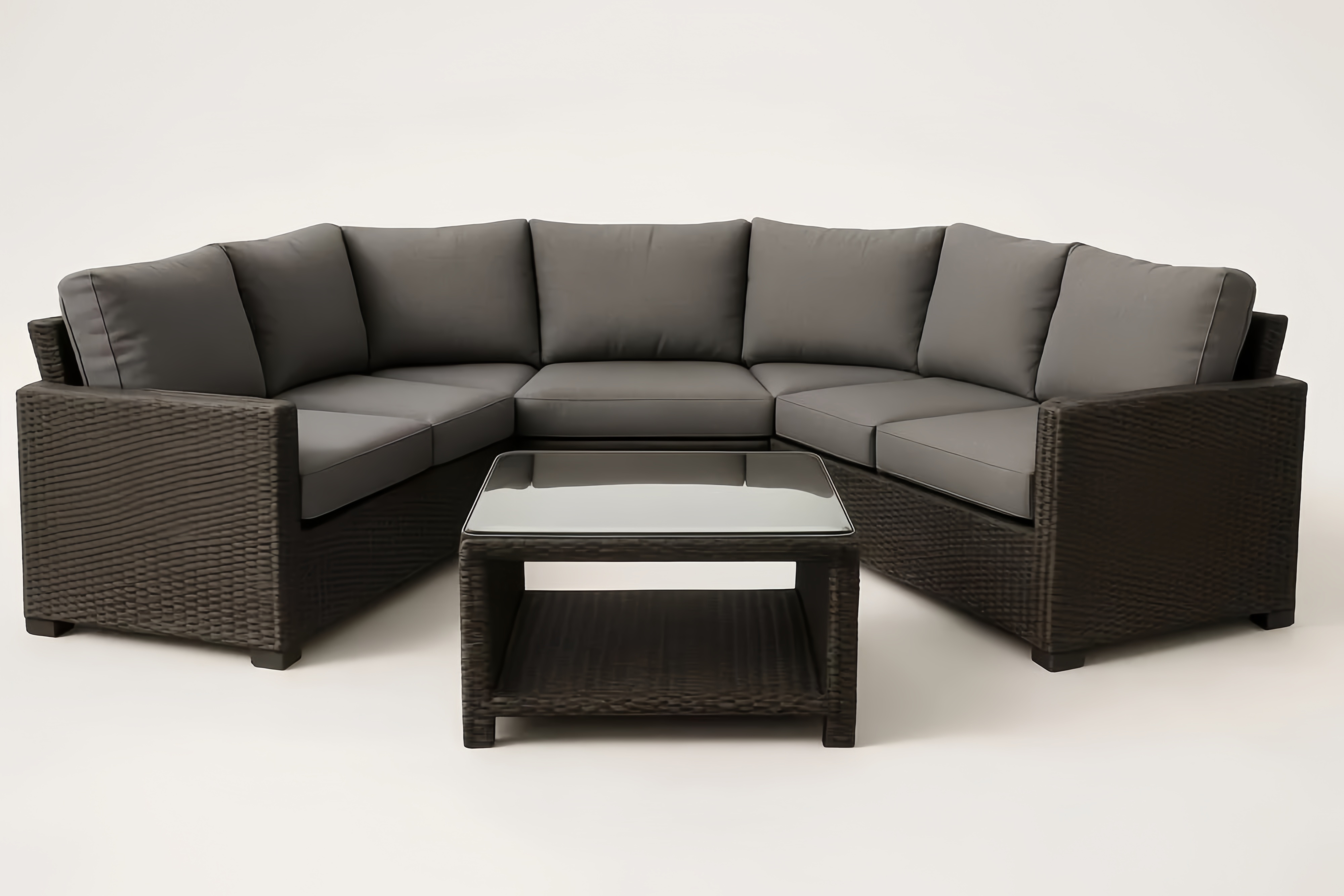 Ensemble de salon de jardin en résine tressée avec table basse en verre et coussins en polyester gris