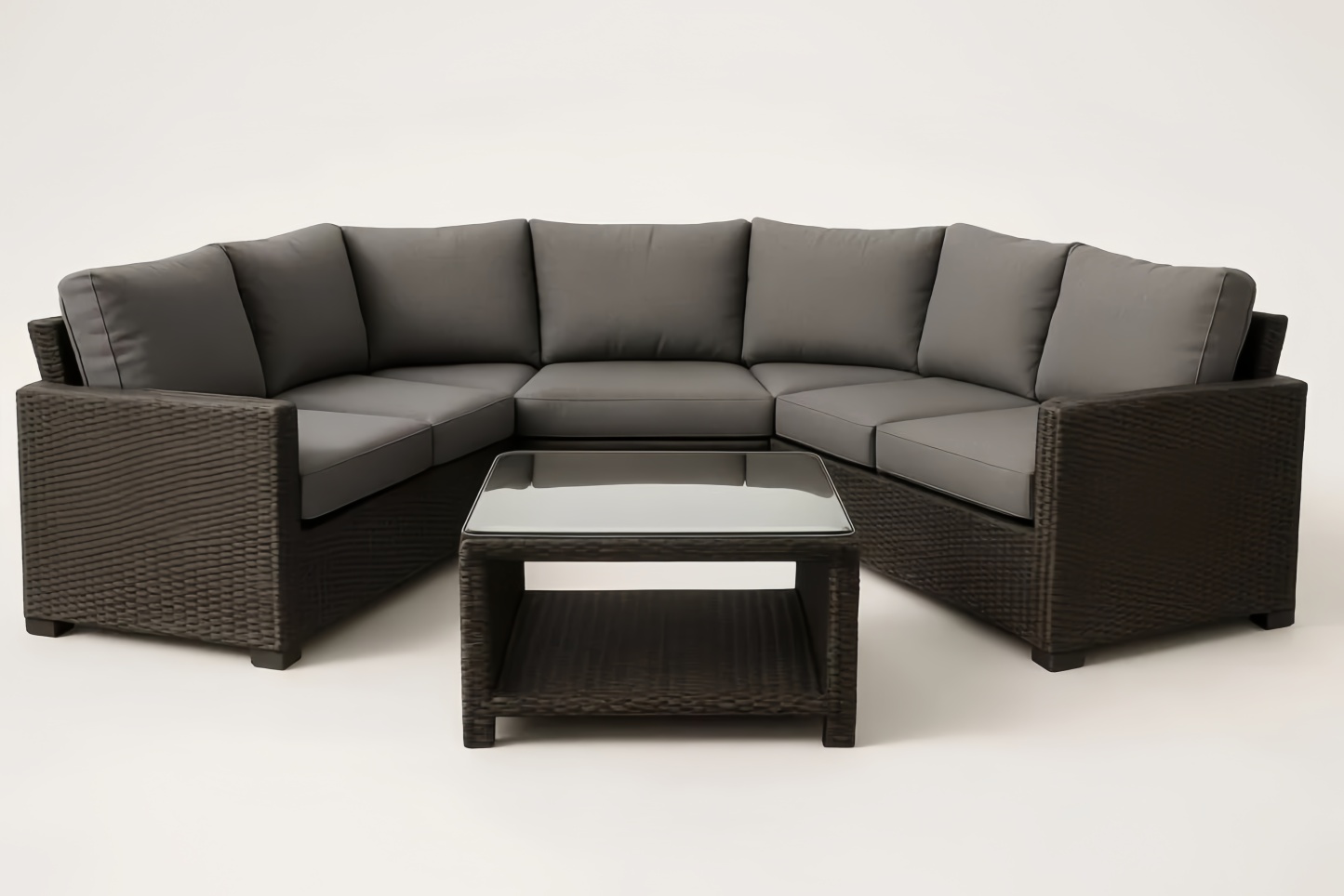 Ensemble de salon de jardin en résine tressée avec table basse en verre et coussins en polyester gris