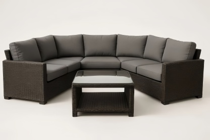 Ensemble de salon de jardin en résine tressée avec table basse en verre et coussins en polyester gris