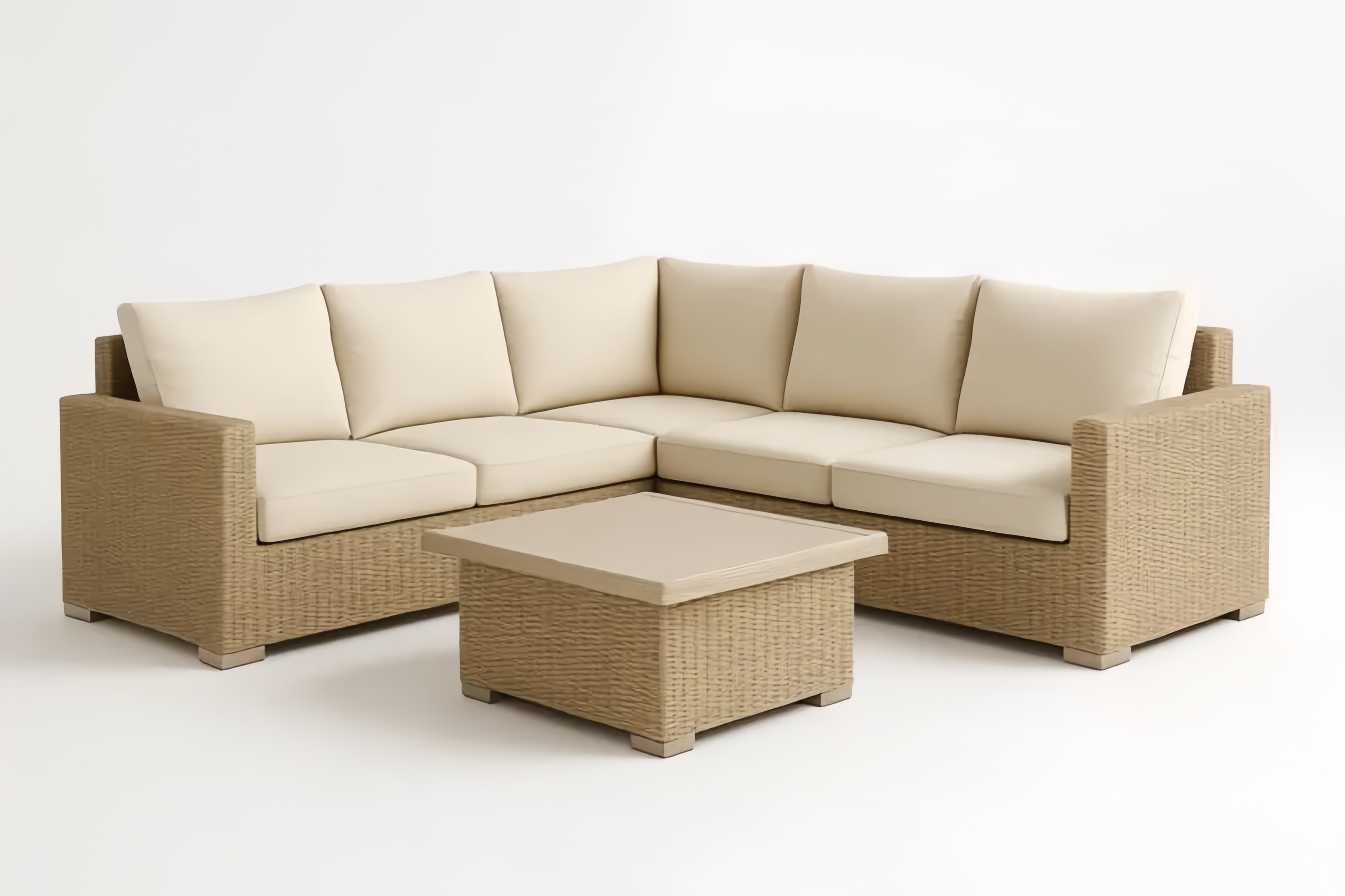 Ensemble de Canapé d'Angle en Résine avec Table Basse, Coussin Beige