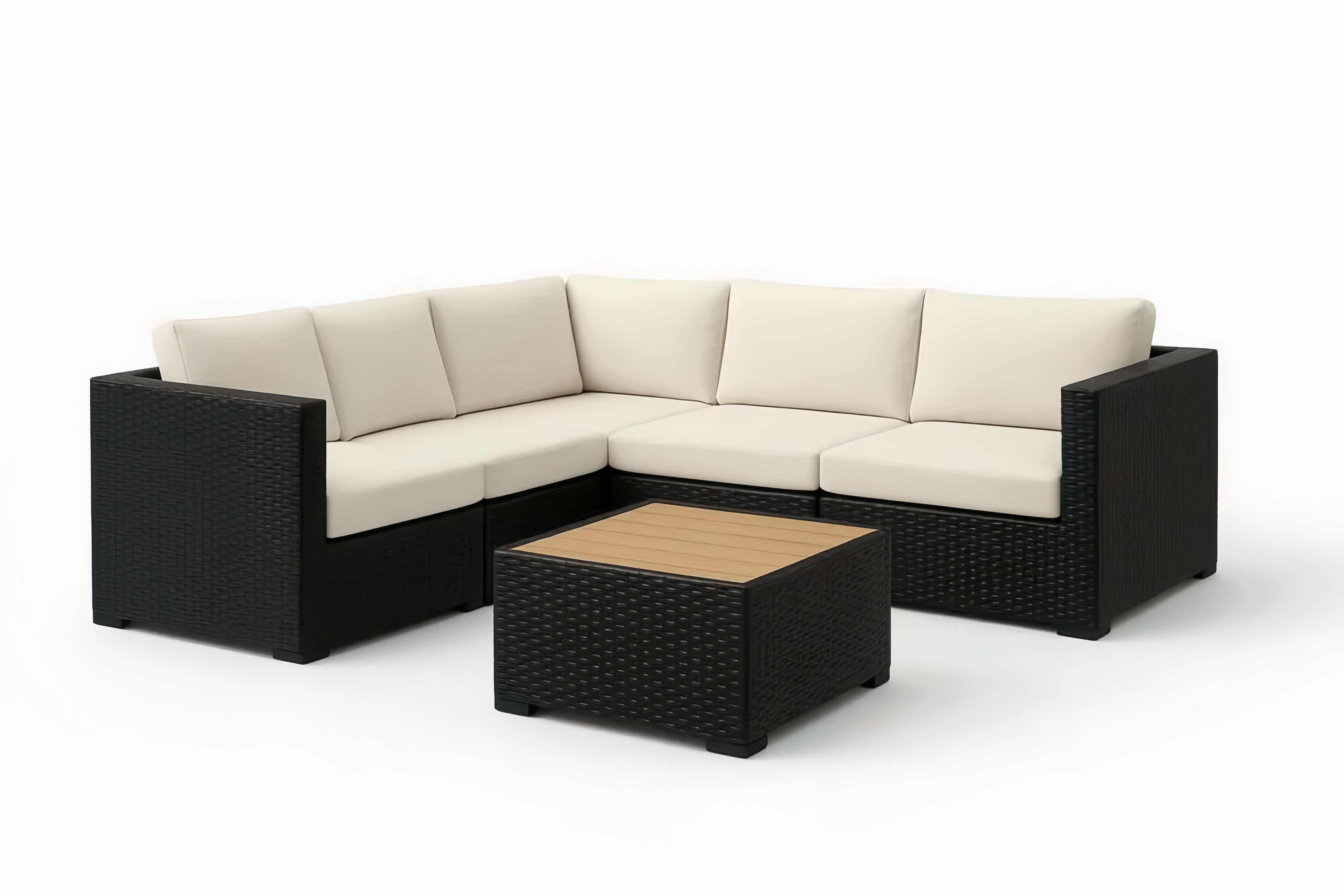 Ensemble de salon de jardin en résine tressée avec canapé, coussins et table en teck