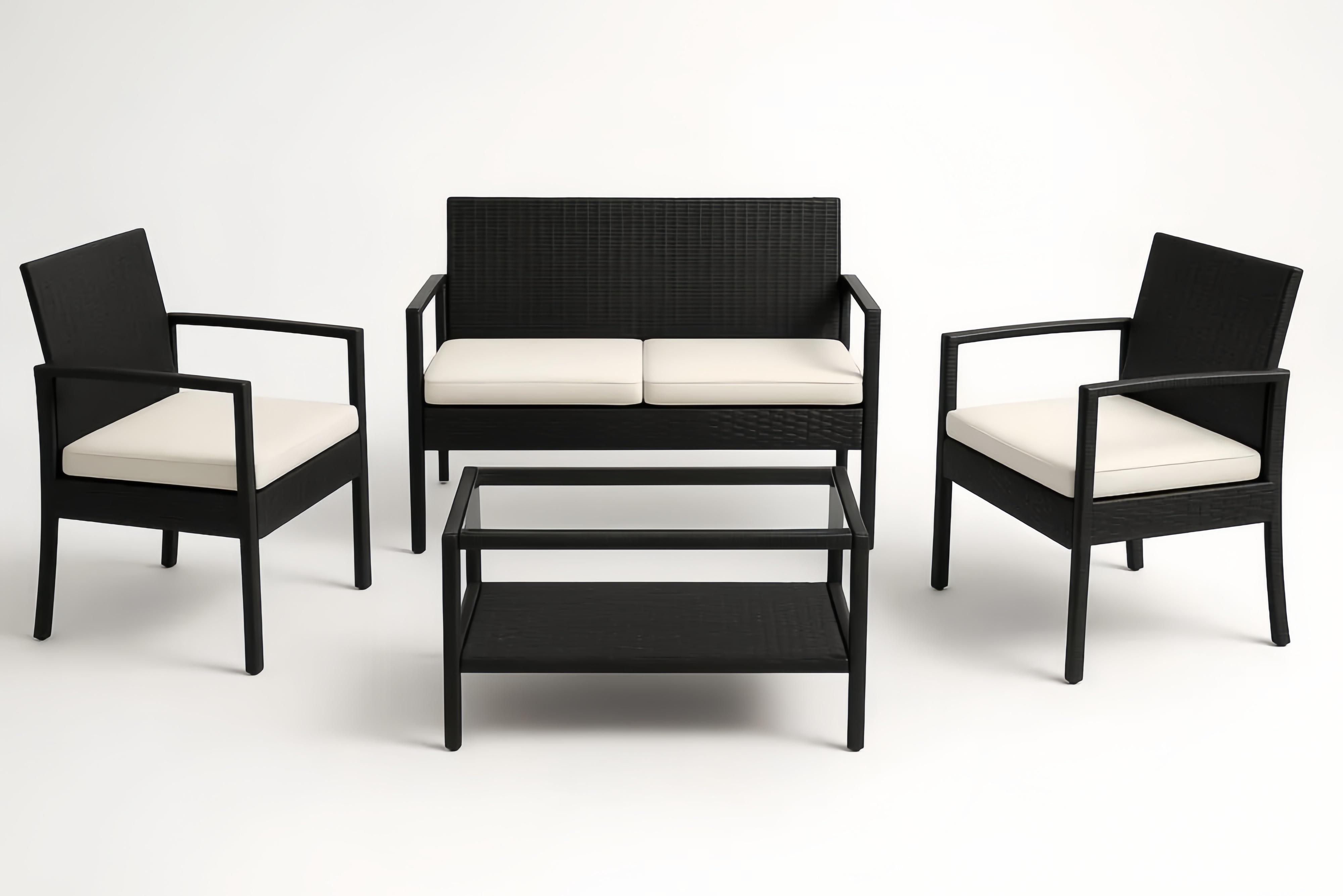 Ensemble de jardin en résine tressée avec canapé et coussins crème