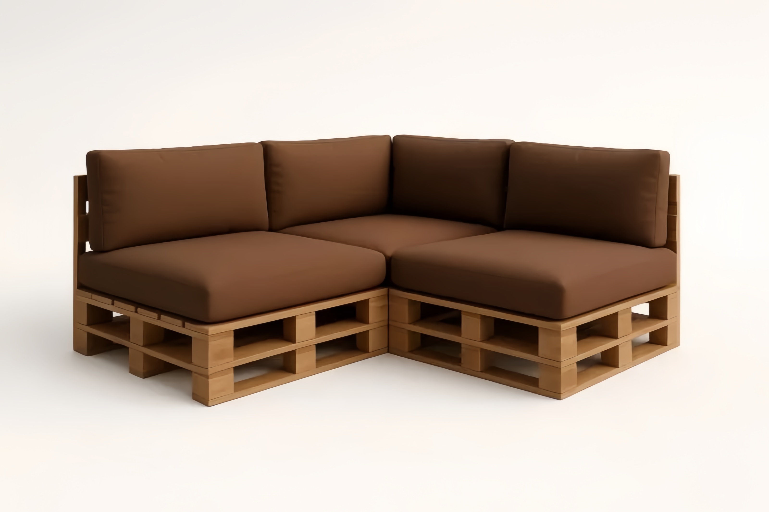 Canapé d'angle en bois avec coussins marron