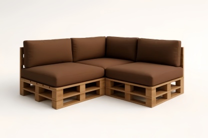 Canapé d'angle en bois avec coussins marron