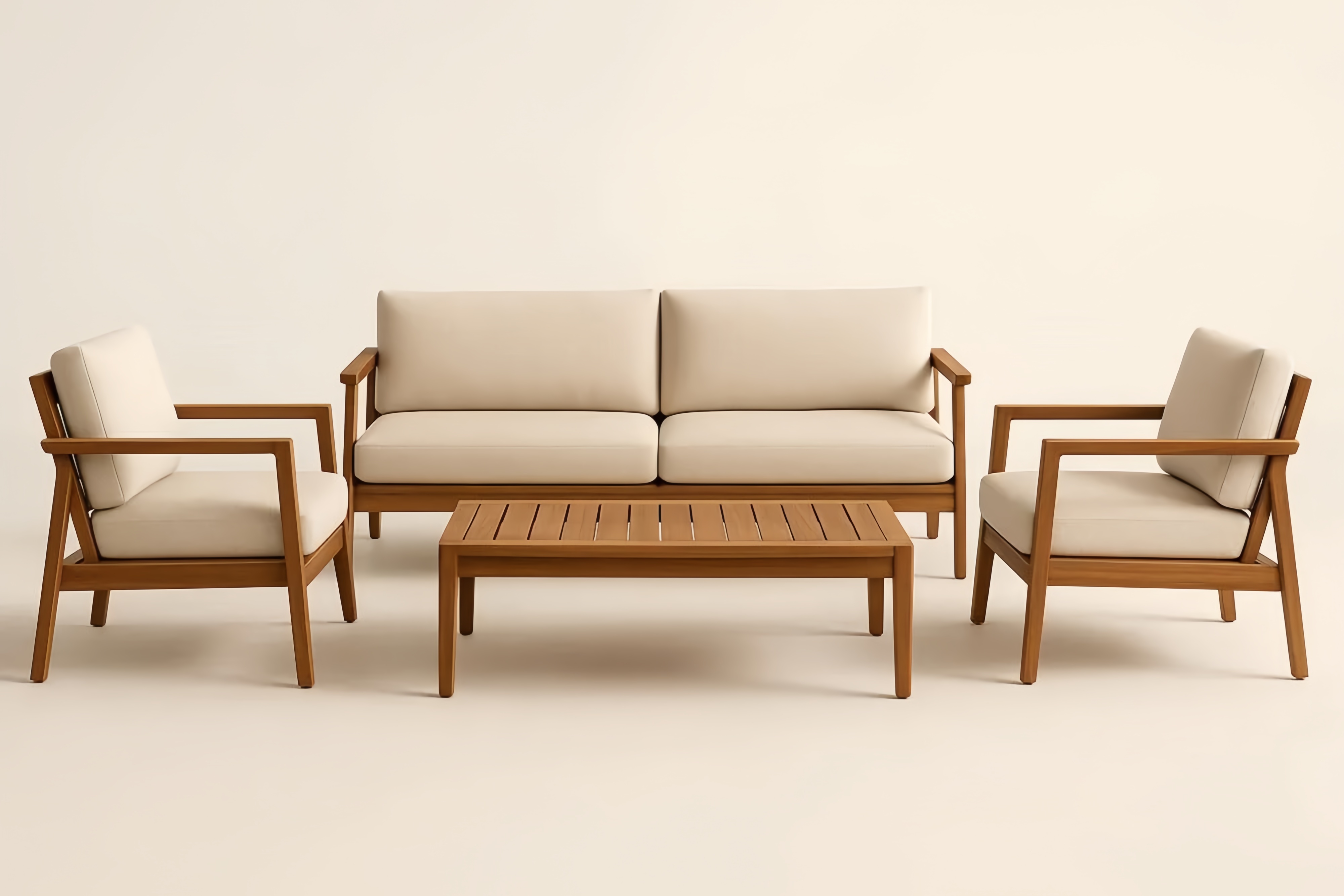 Ensemble Salon Extérieur Bois Coussins Beige Canapé 2 Fauteuils Table