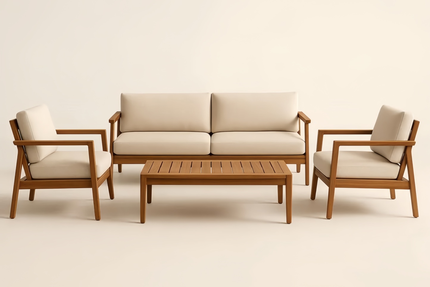 Ensemble Salon Extérieur Bois Coussins Beige Canapé 2 Fauteuils Table