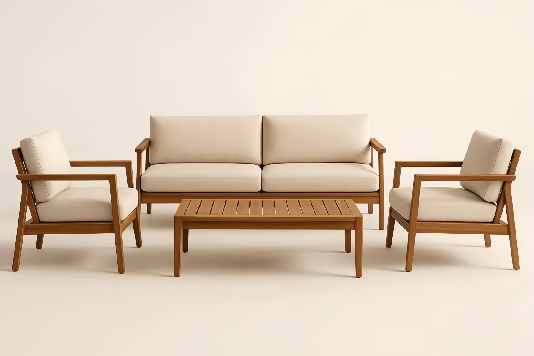 Ensemble Salon Extérieur Bois Coussins Beige Canapé 2 Fauteuils Table