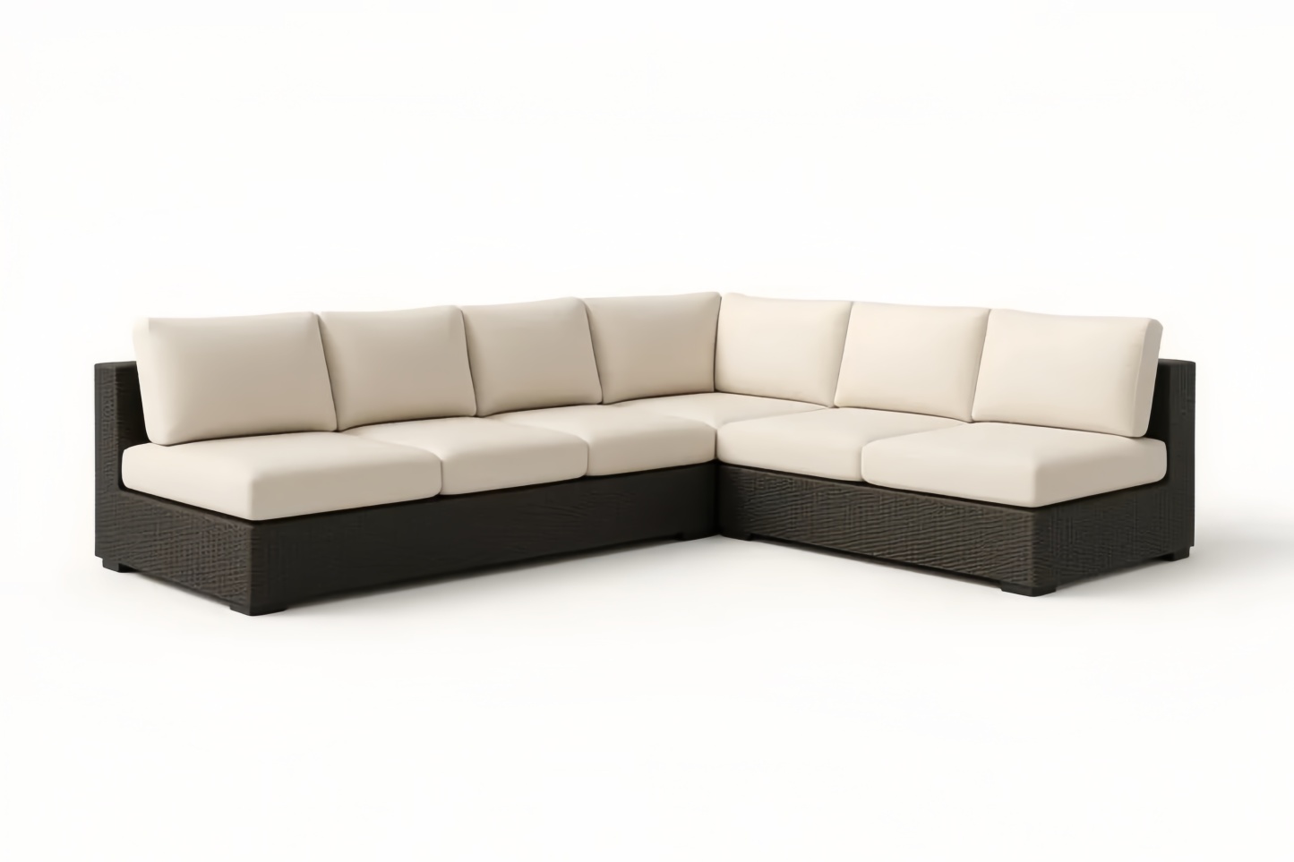 Canapé d'angle en résine tressée avec coussins en tissu polyester beige 249x190x66cm