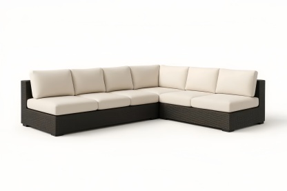 Canapé d'angle en résine tressée avec coussins en tissu polyester beige 249x190x66cm