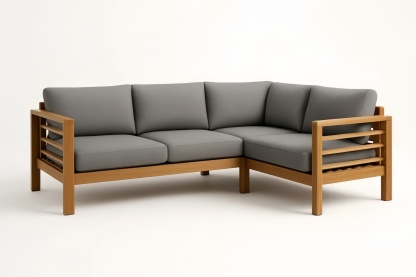 Canapé d'angle en bois avec coussins gris