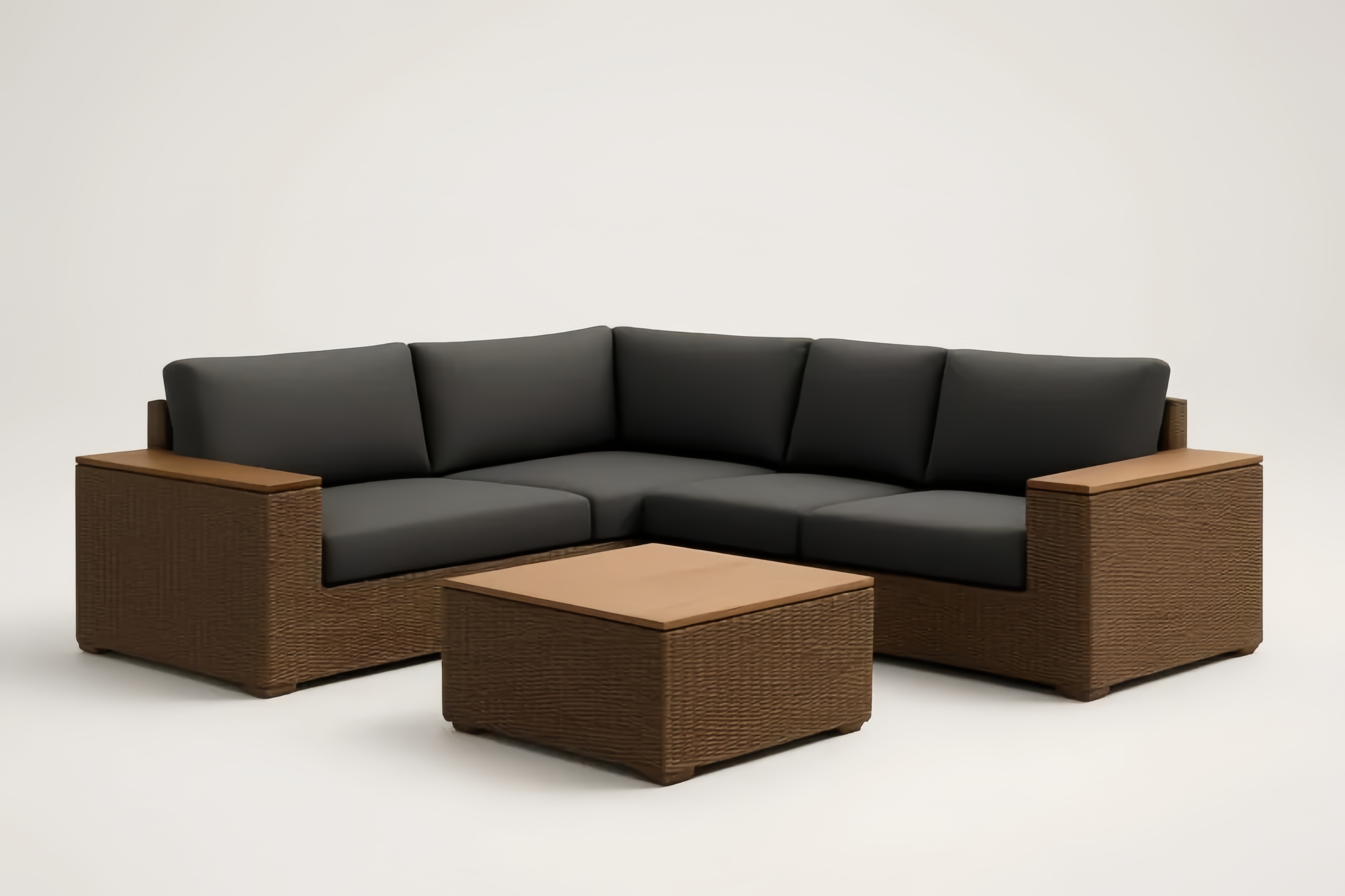 Ensemble de canapé d'angle en rotin synthétique avec coussins en polyester gris et table basse en teck