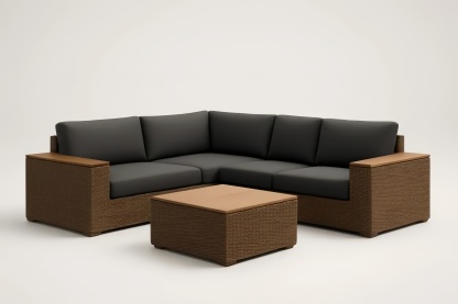 Ensemble de canapé d'angle en rotin synthétique avec coussins en polyester gris et table basse en teck