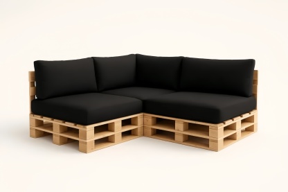 Canapé d'angle en bois et tissu noir