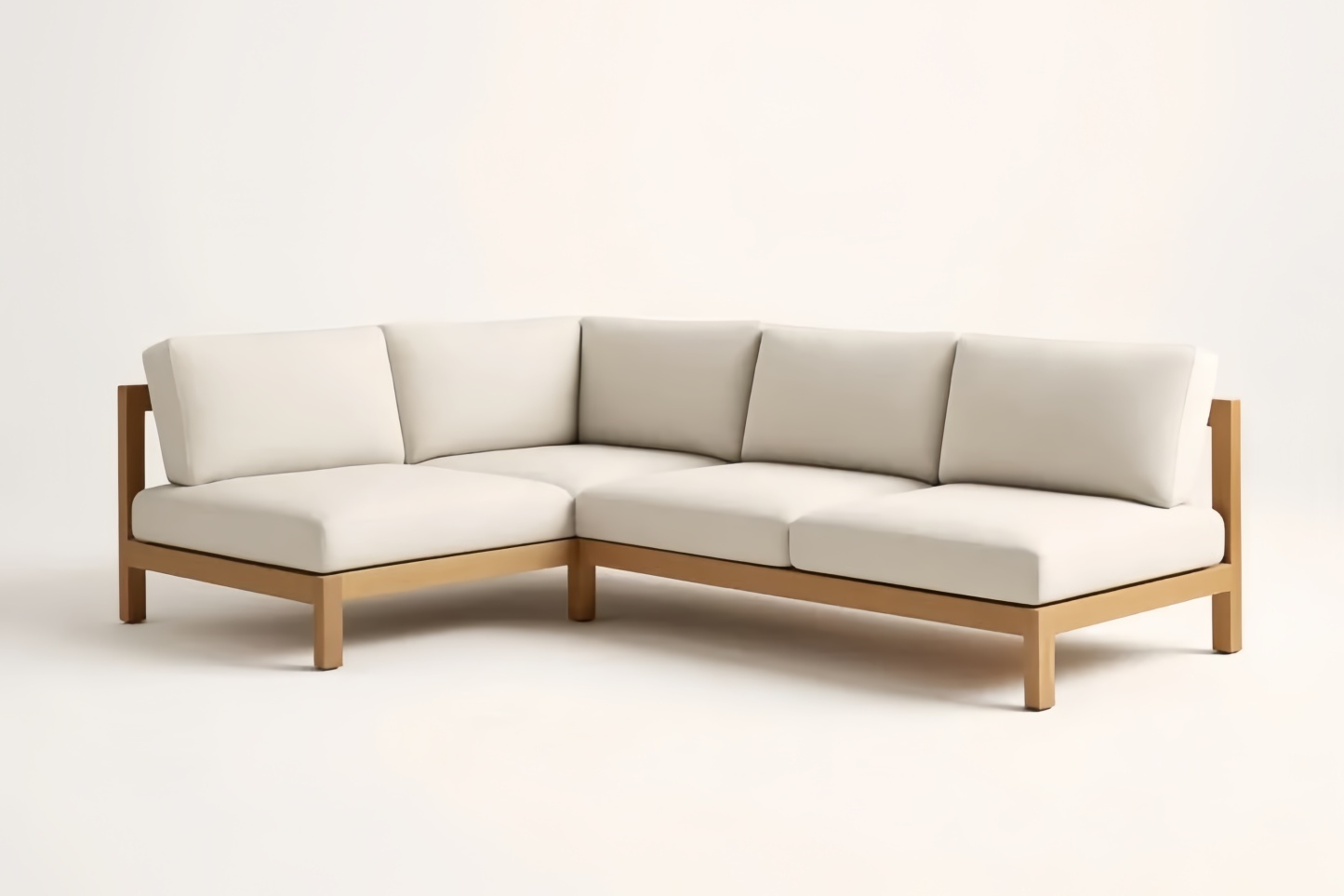 Canapé d'angle en bois et tissu beige