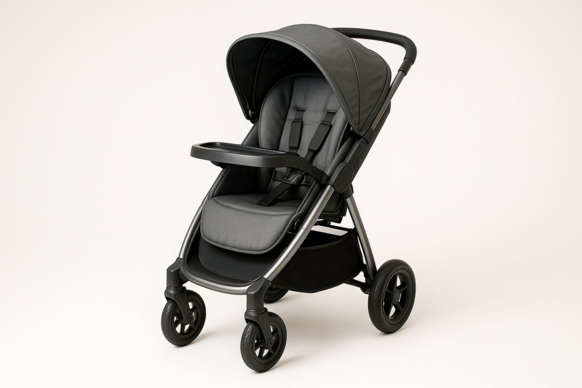 Grey Baby Stroller with Aluminium Frame and Polyester Fabric