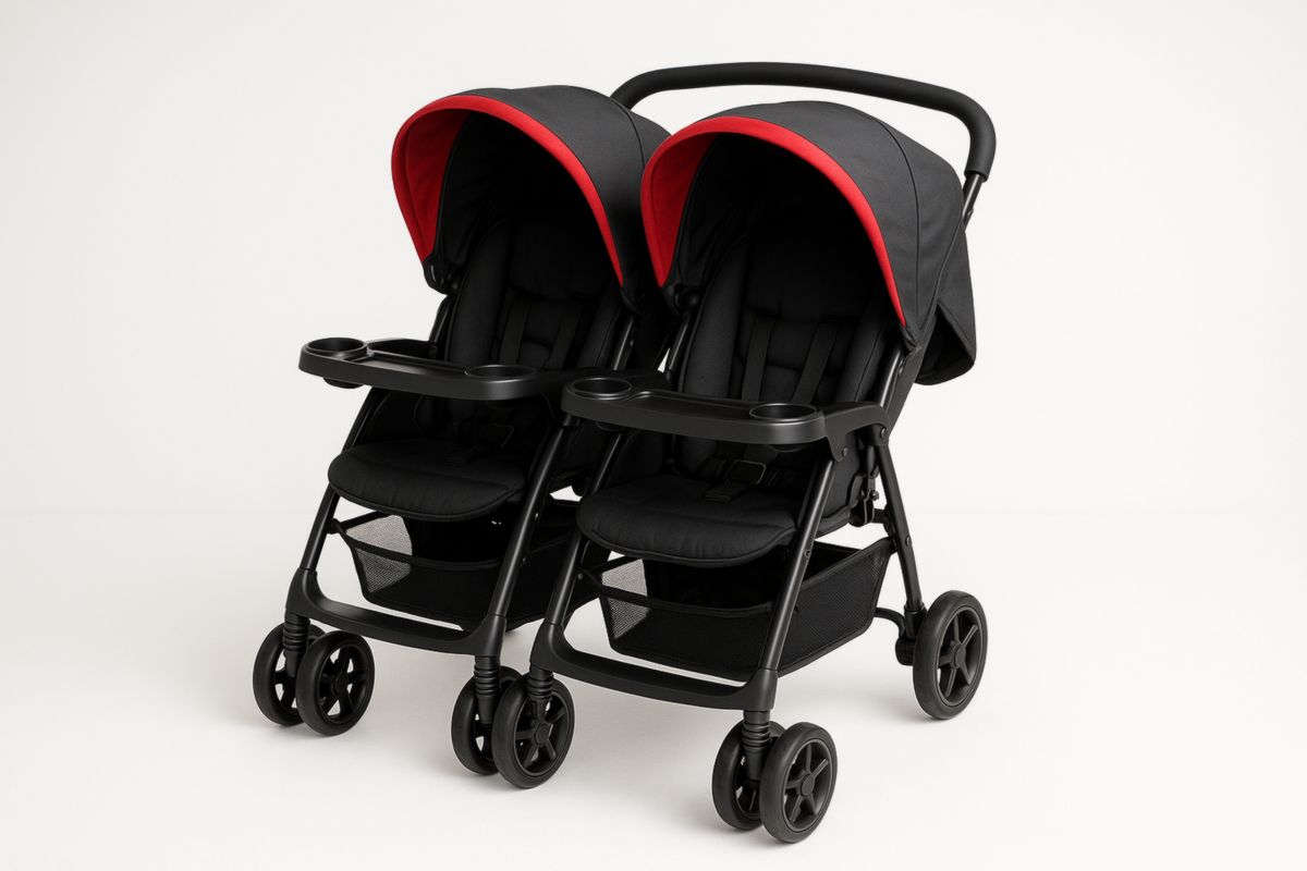 Double Stroller Twin Baby Pram Black/Red Steel Frame Polyester Canopy