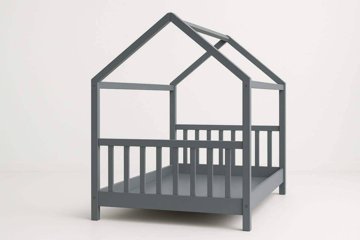 Grey Wood House Shaped Bed Frame with Railings for Kids 200cm x 90cm