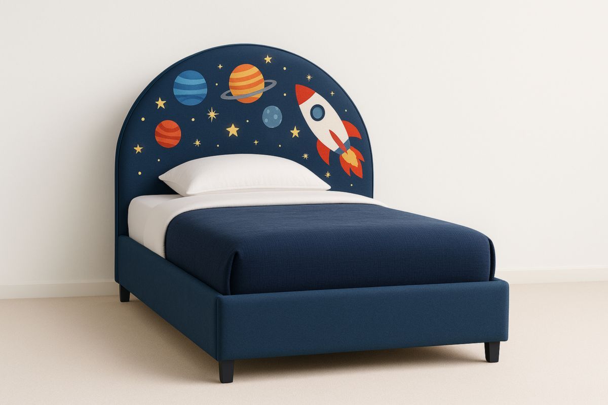 Kids Navy Rocket Bed with Galaxy Design Polyester Upholstery 198cm x 98cm x 90cm