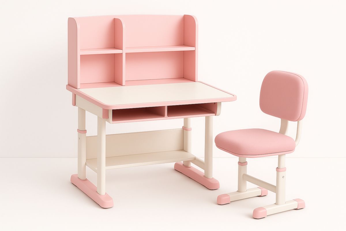 Children's Pink Adjustable Study Desk Set with MDF and Steel Chair