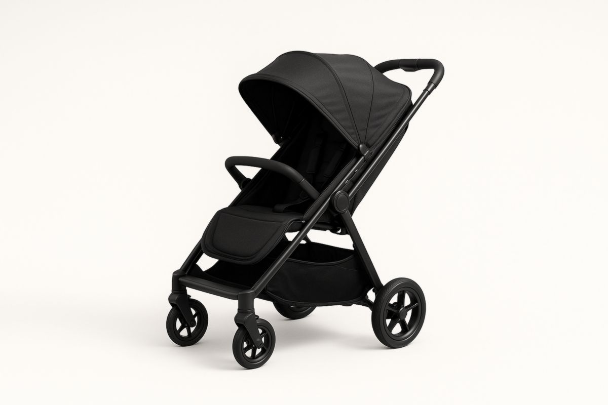 Baby Stroller Lightweight Foldable Black Polyester with Adjustable Canopy and Rubber Wheels