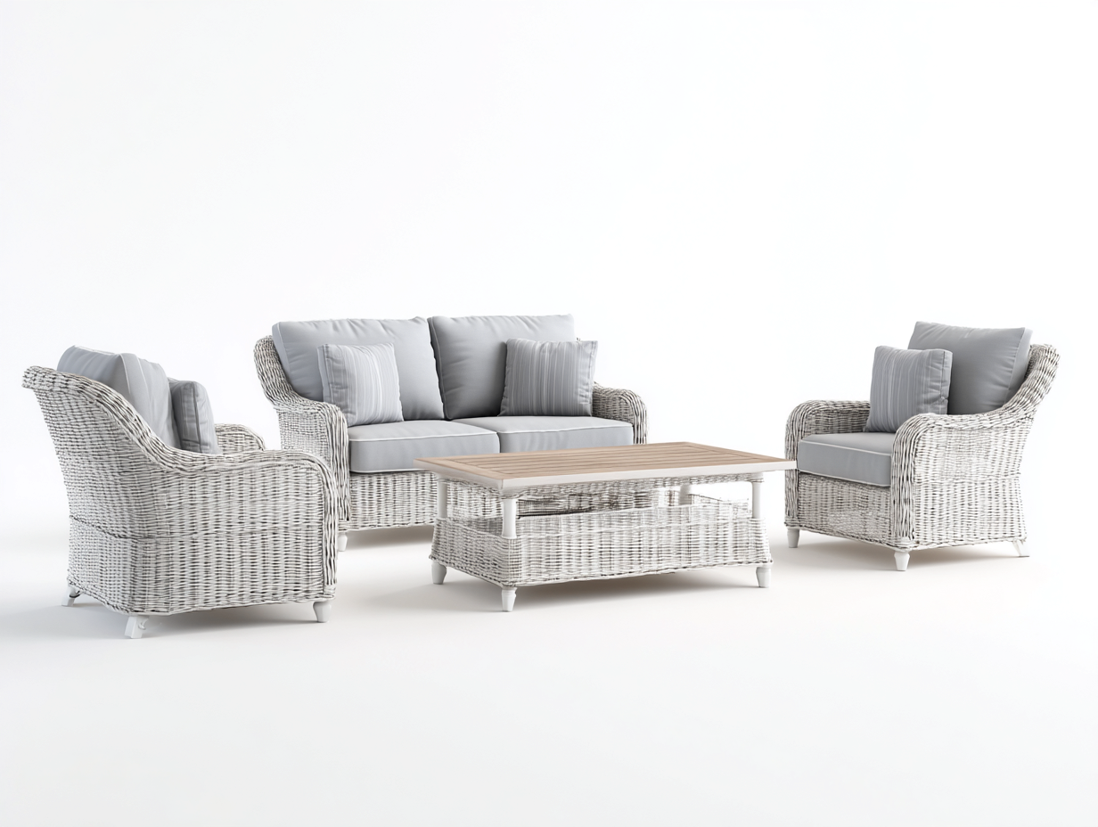 Set divano e poltrona da esterno - rattan sintetico - divano 165x90x85 cm - grigio chiaro/bianco - per giardino - design moderno-Interiorosa