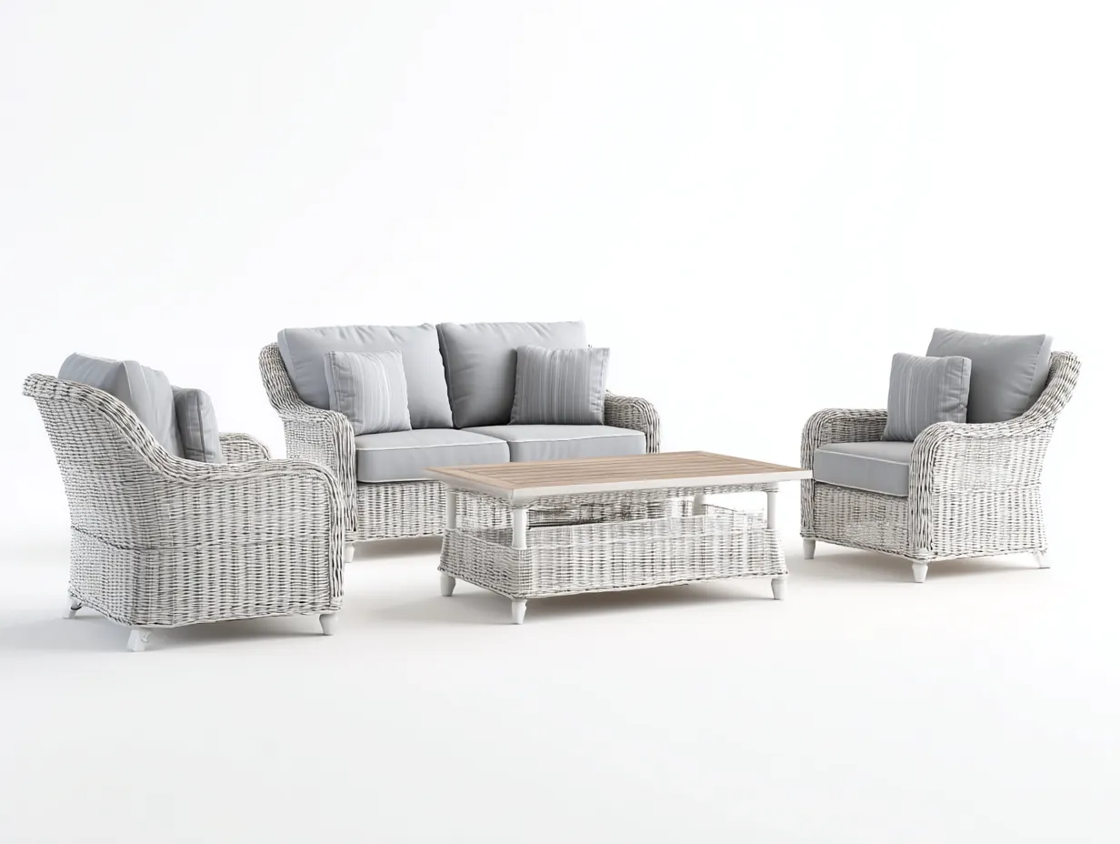 Set divano e poltrona da esterno - rattan sintetico - divano 165x90x85 cm - grigio chiaro/bianco - per giardino - design moderno-Interiorosa