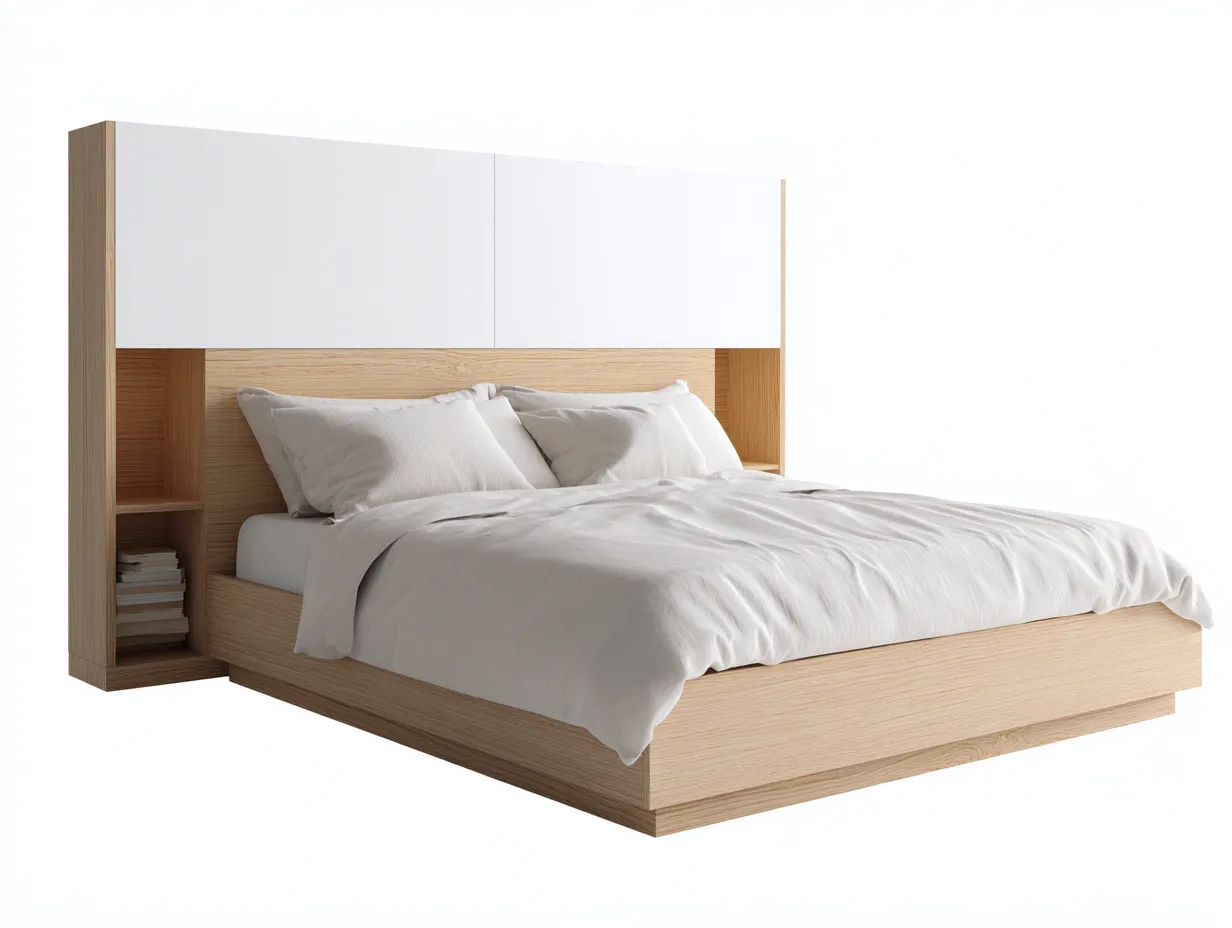 Letto in legno con testiera contenitore 200x160x115 cm - rovere chiaro/bianco - per camera da letto - design moderno-Interiorosa