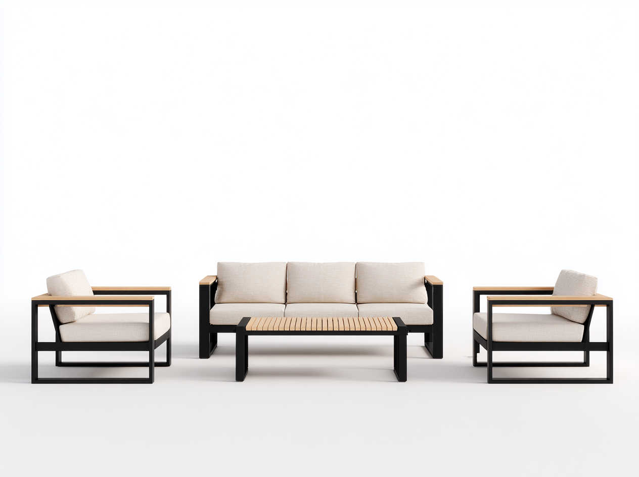 Set divano e poltrona in alluminio con dettagli in legno - divano 185x82x78 cm - beige/nero - per terrazza/giardino - design moderno-Interiorosa