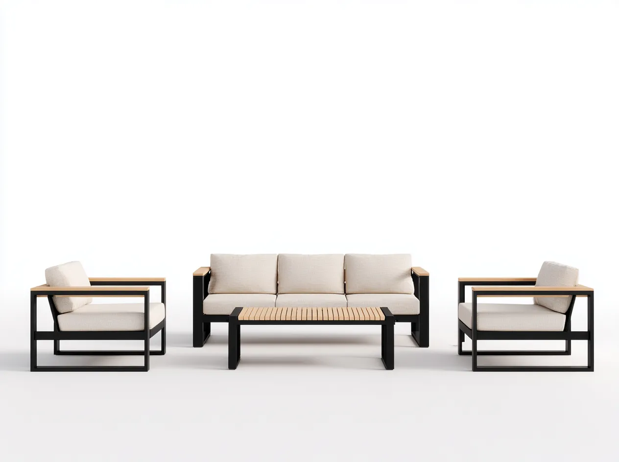 Set divano e poltrona in alluminio con dettagli in legno - divano 185x82x78 cm - beige/nero - per terrazza/giardino - design moderno-Interiorosa