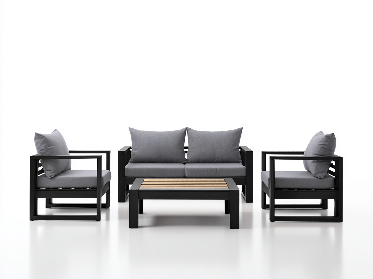 Set divano e poltrona da esterno - struttura in alluminio - divano 160x78x75 cm - grigio scuro/nero - per giardino - design moderno-Interiorosa