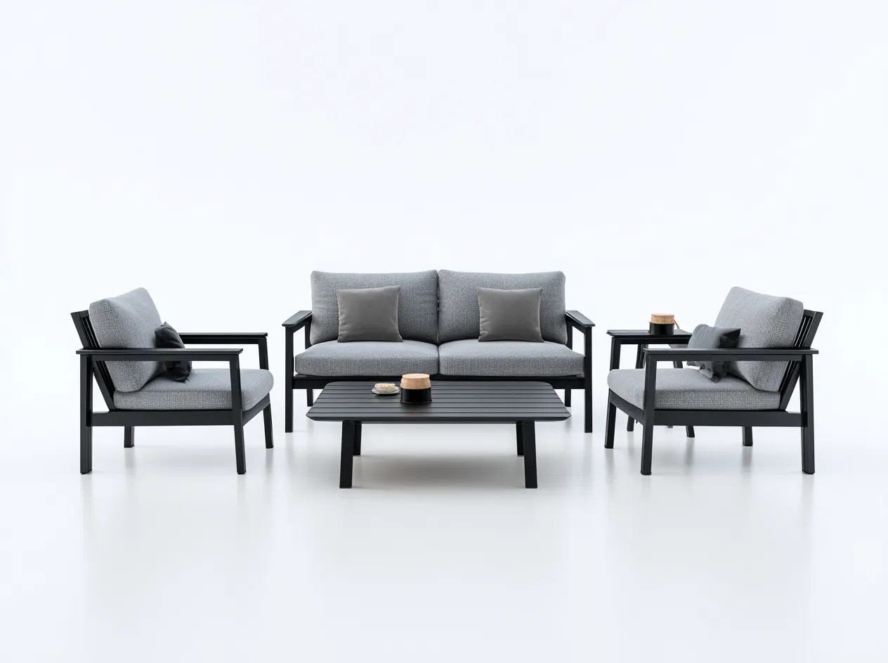 Set divano e poltrona da esterno - struttura in alluminio - divano 165x82x78 cm - grigio scuro/nero - per giardino - design moderno-Interiorosa